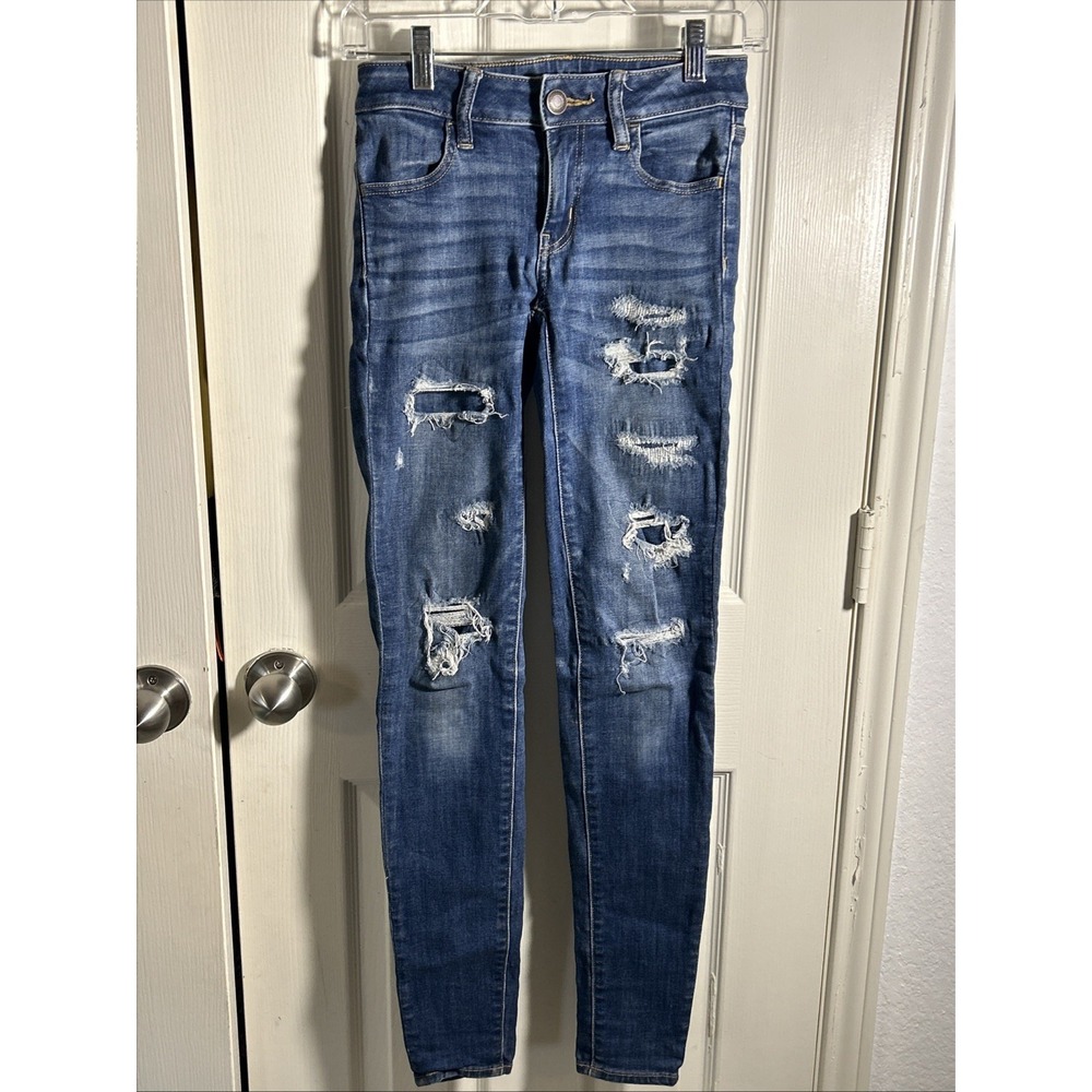 American Eagle Next Level Stretch Blue Distressed High Rise Jegging Women's 00 L